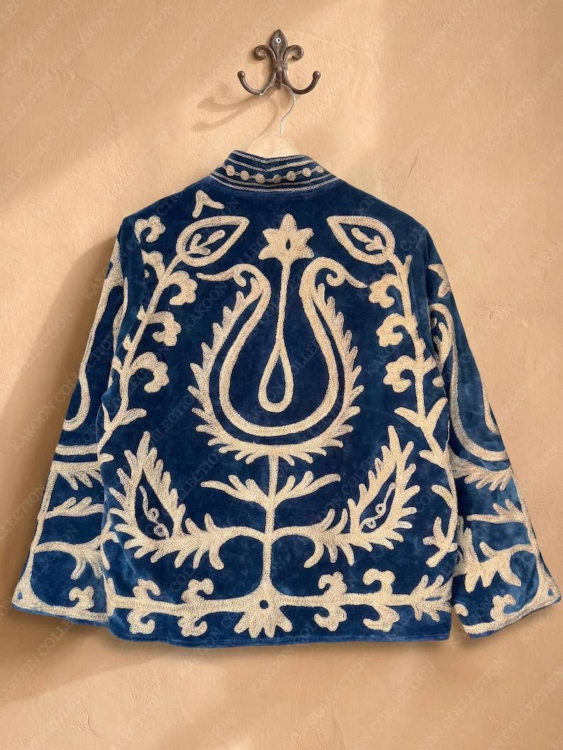 The Moonflower Jacket – Deep Blue & Cream Suzani Velvet