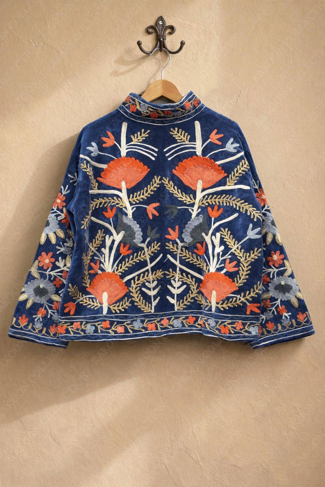 The Ember Bloom Jacket – Indigo & Coral Suzani Velvet