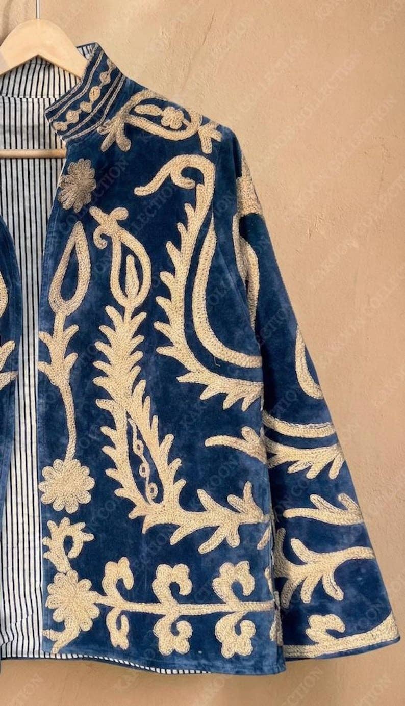 The Moonflower Jacket – Deep Blue & Cream Suzani Velvet