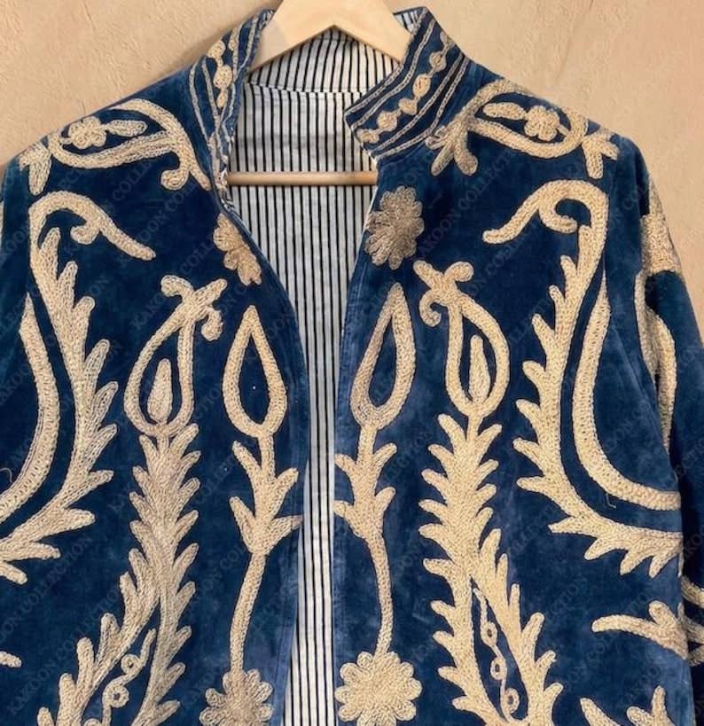 The Moonflower Jacket – Deep Blue & Cream Suzani Velvet