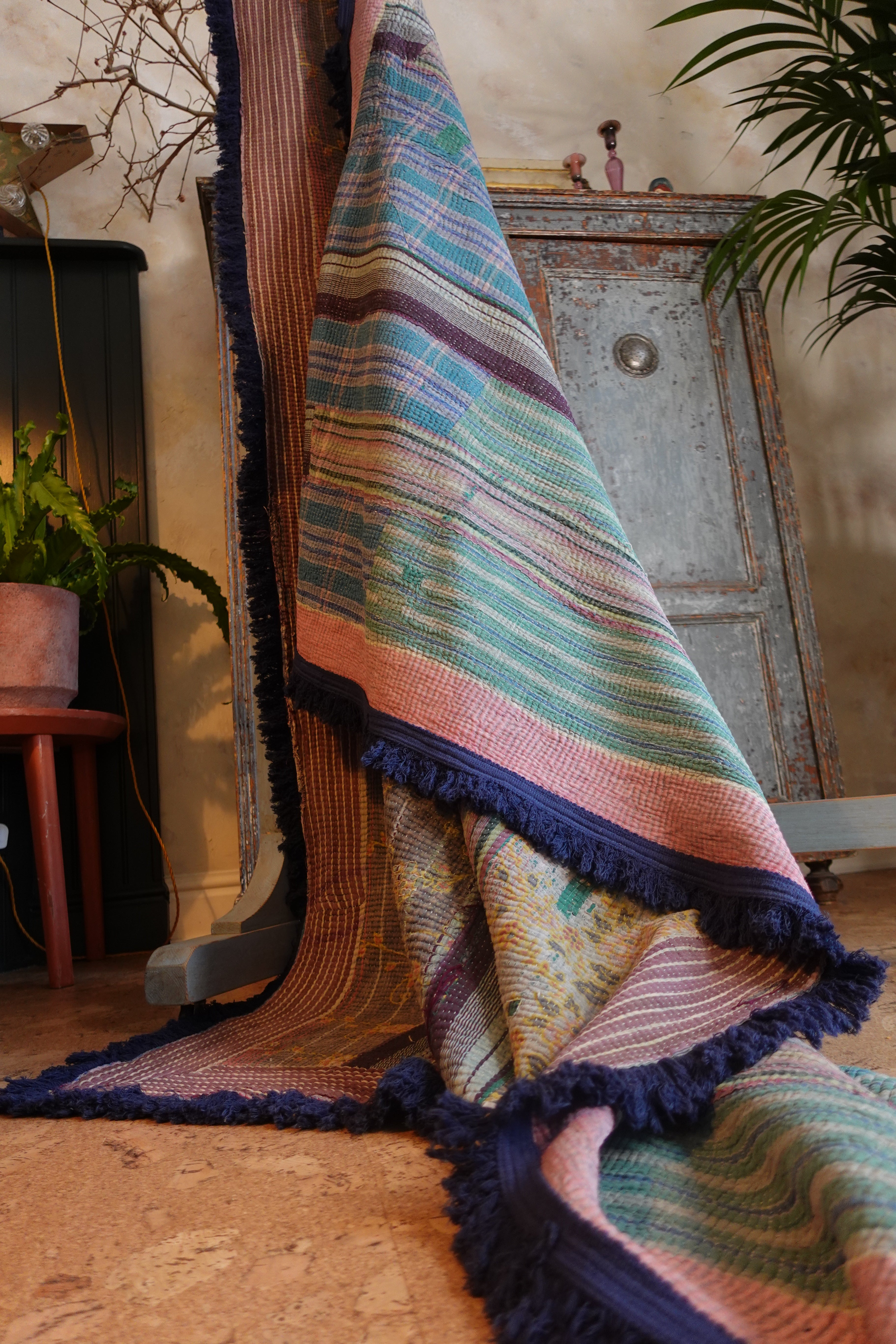 Indigo Fringe Kantha Quilt