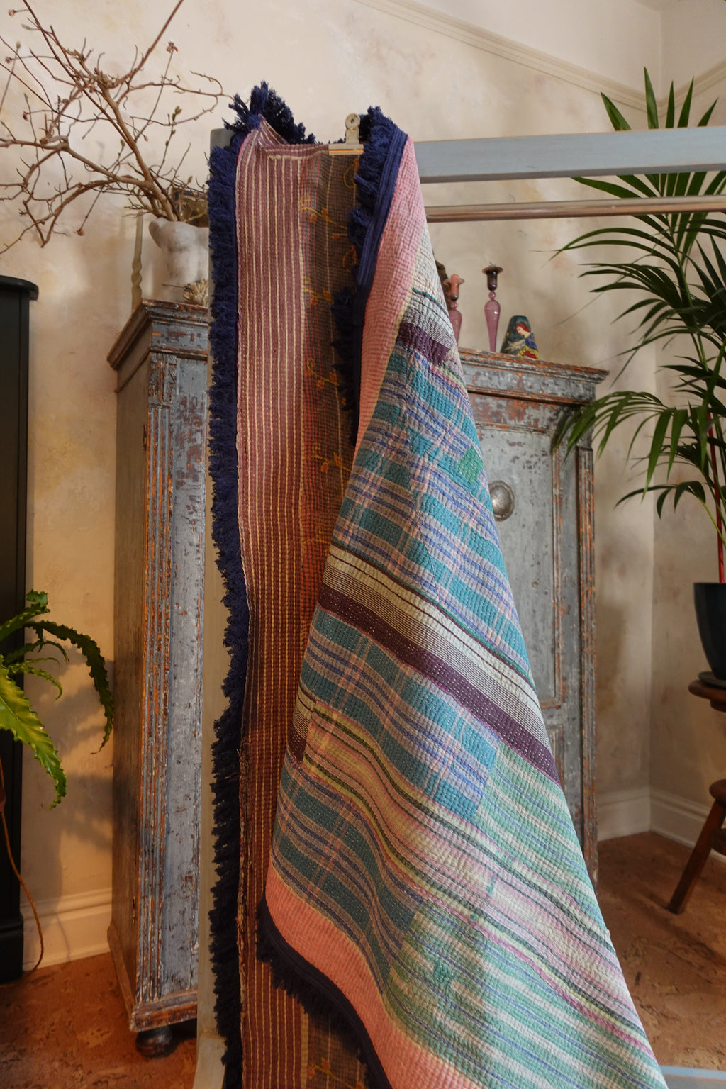 Indigo Fringe Kantha Quilt