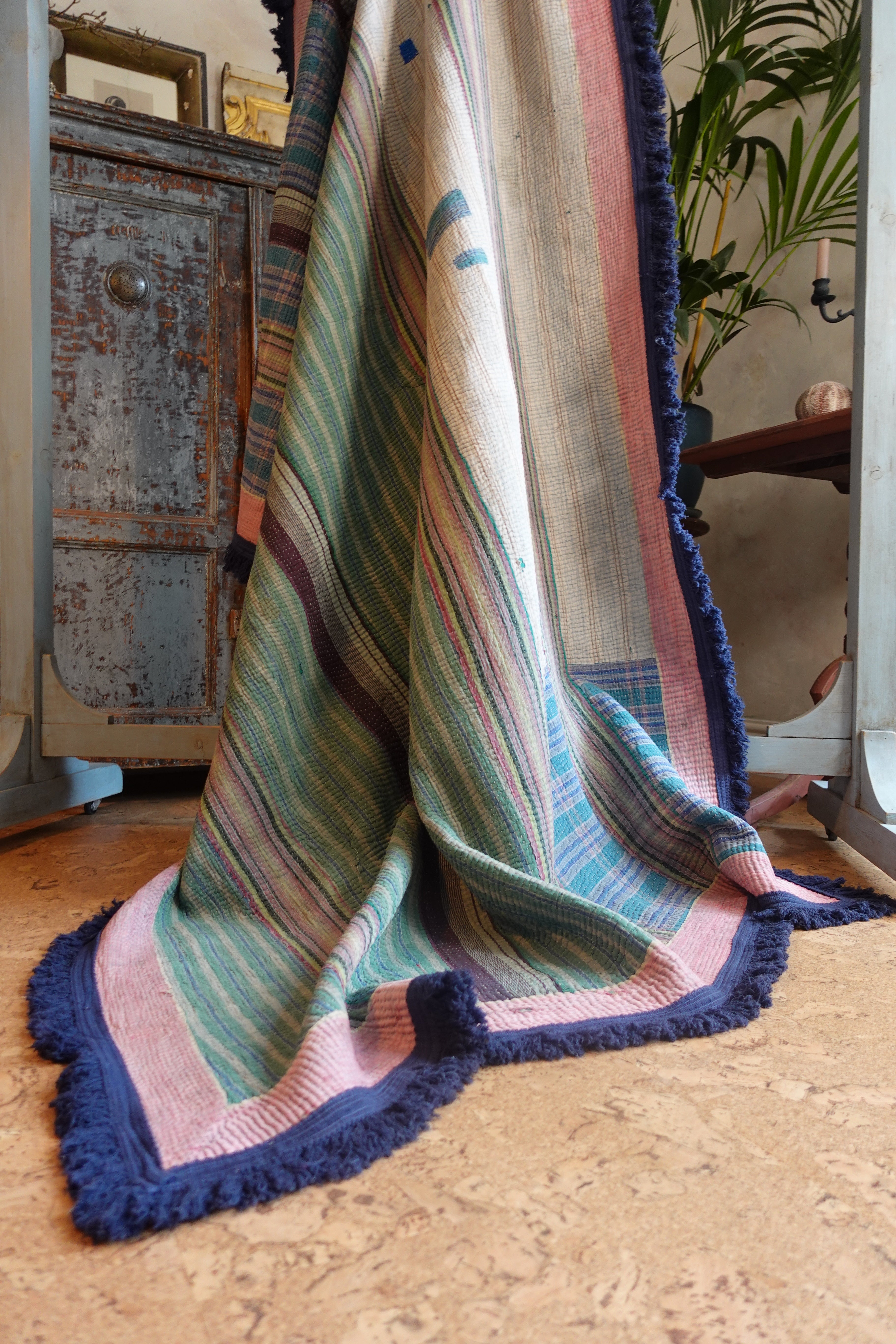 Indigo Fringe Kantha Quilt