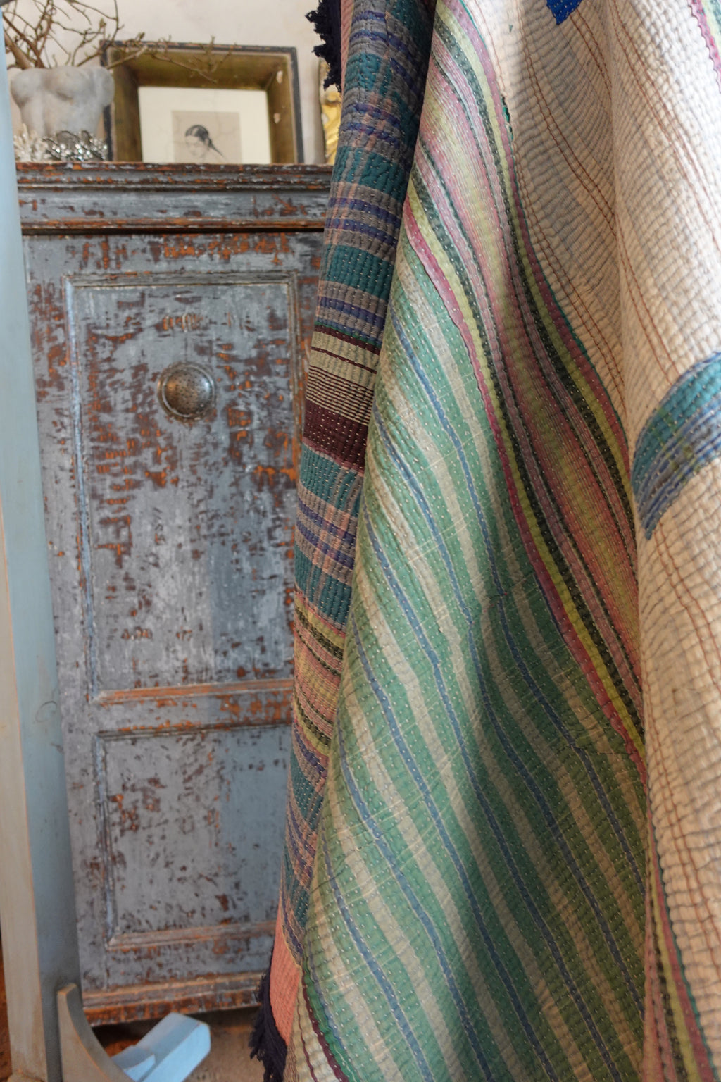 Indigo Fringe Kantha Quilt