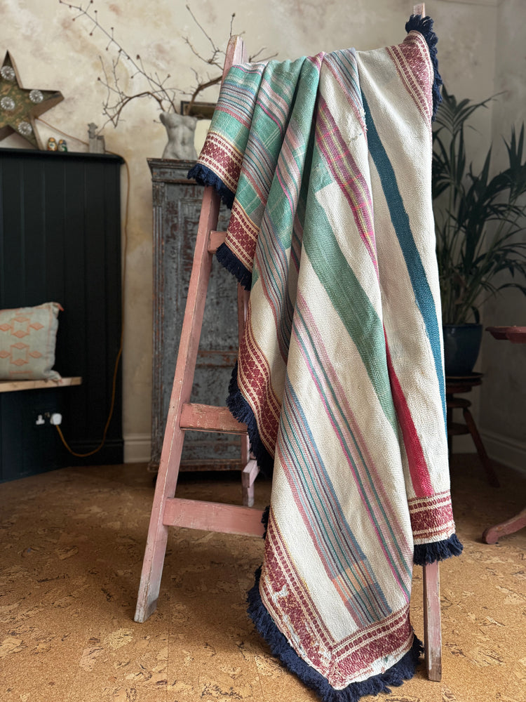 Vintage Heavyweight Kantha Throw with Indigo Fringe