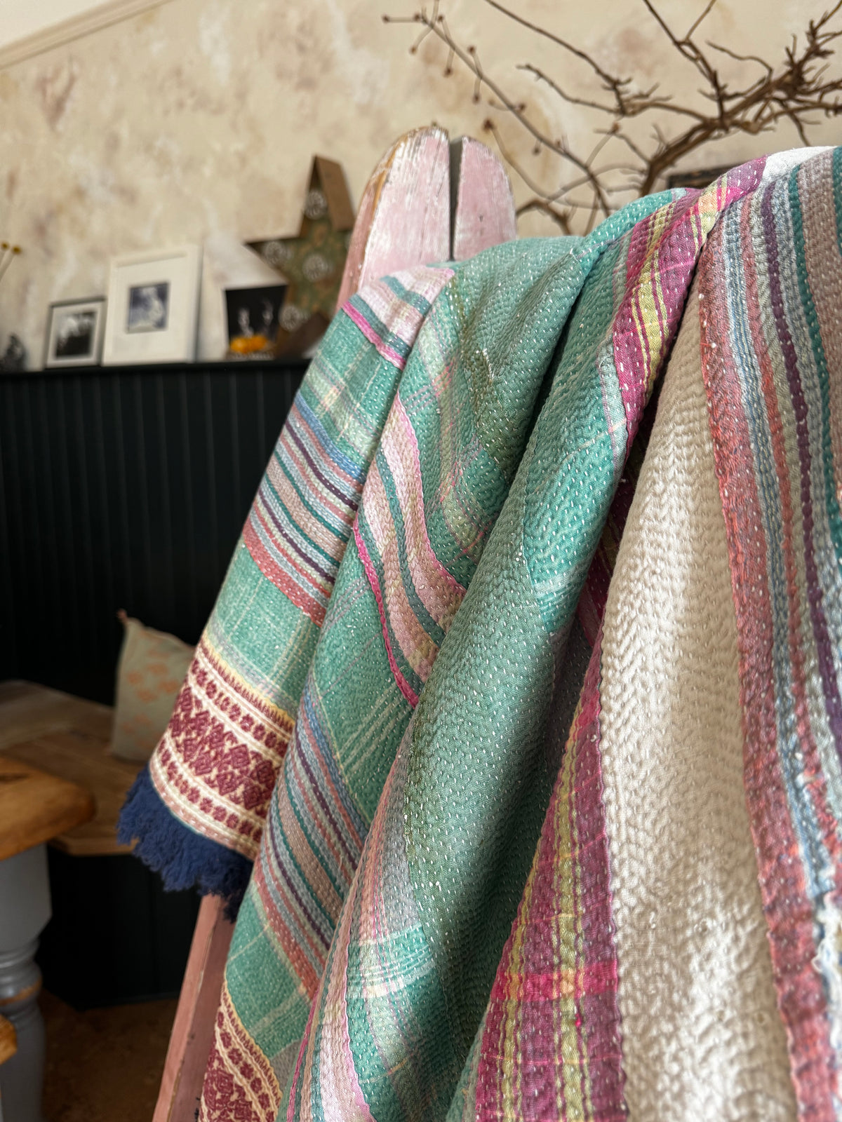 Vintage Heavyweight Kantha Throw with Indigo Fringe