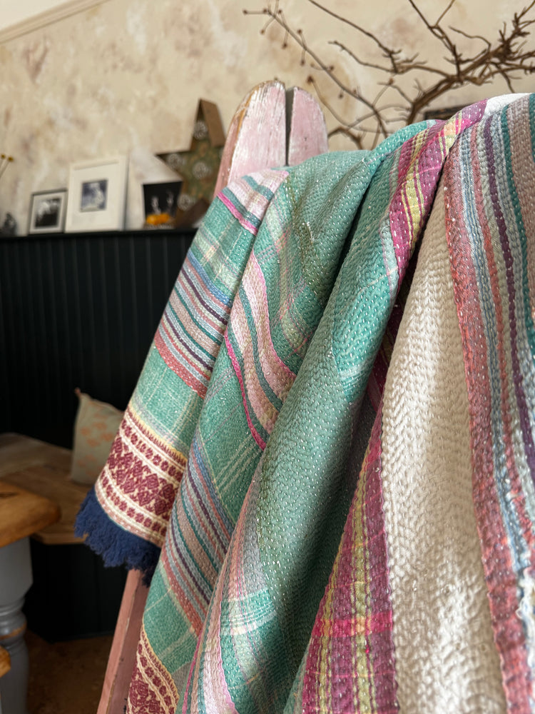 Vintage Heavyweight Kantha Throw with Indigo Fringe