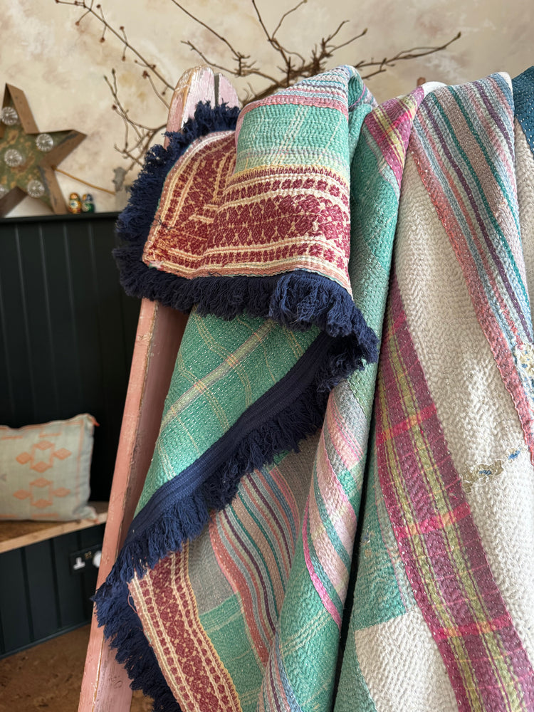 Vintage Heavyweight Kantha Throw with Indigo Fringe