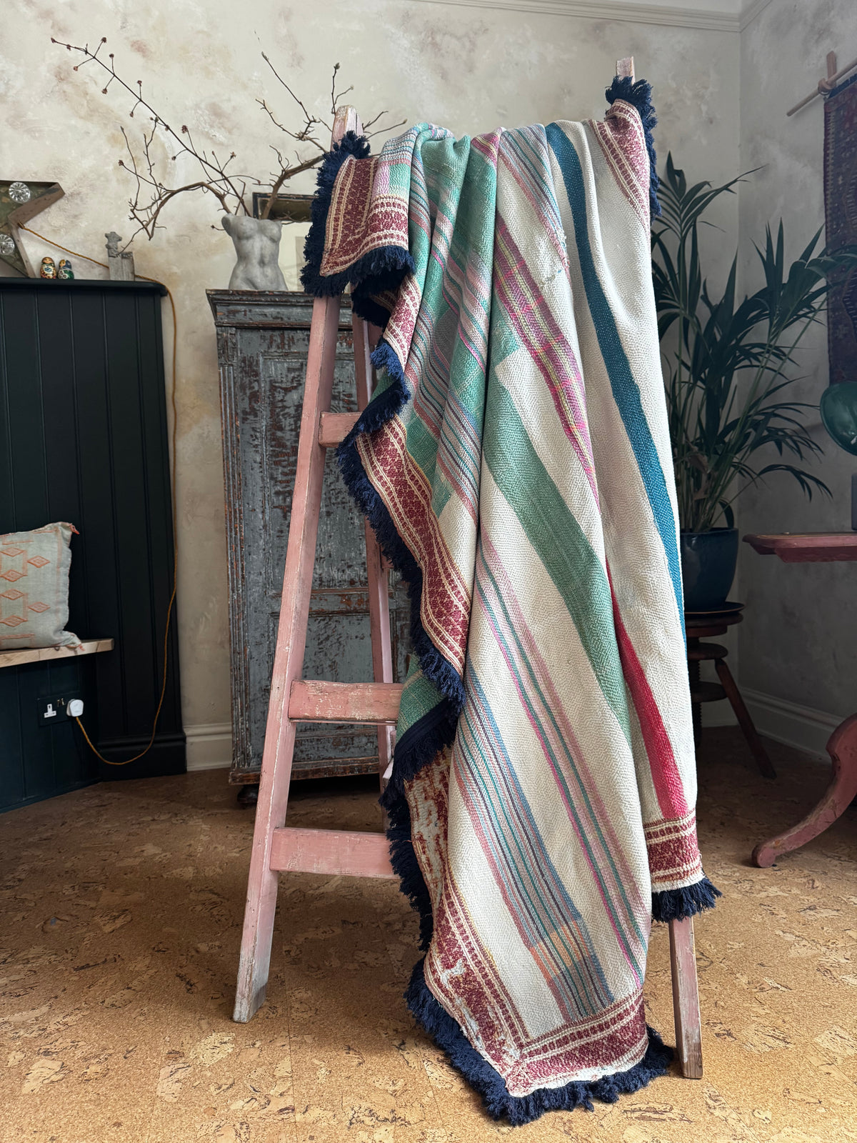 Vintage Heavyweight Kantha Throw with Indigo Fringe