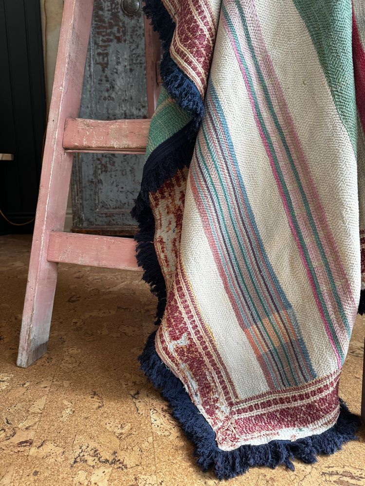 Vintage Heavyweight Kantha Throw with Indigo Fringe