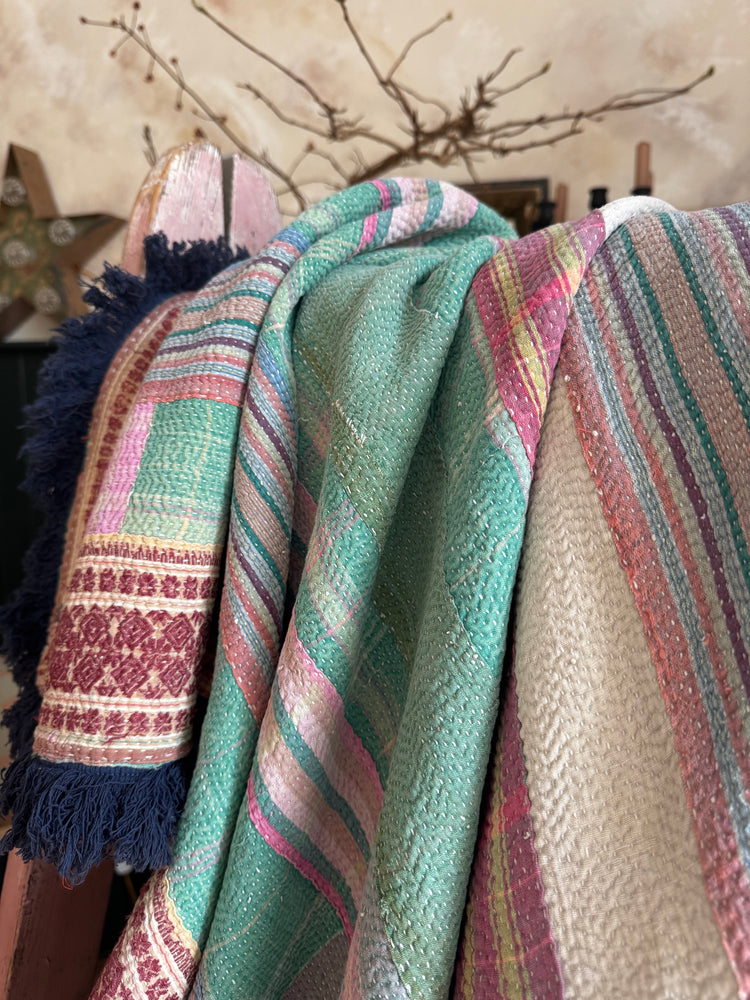 Vintage Heavyweight Kantha Throw with Indigo Fringe