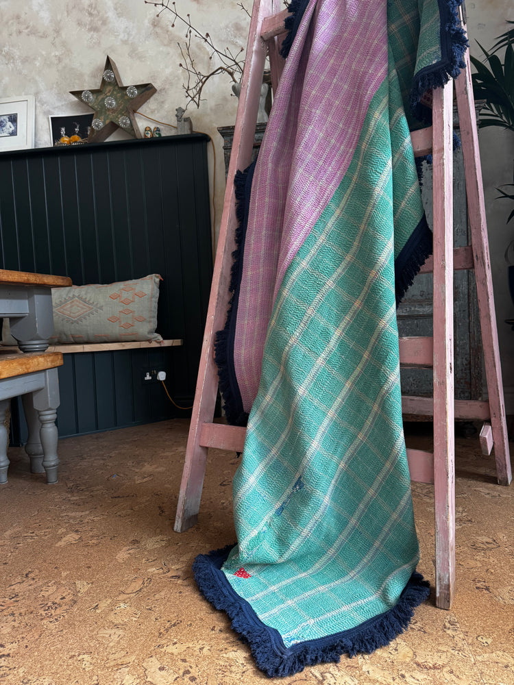 Vintage Heavyweight Kantha Throw with Indigo Fringe