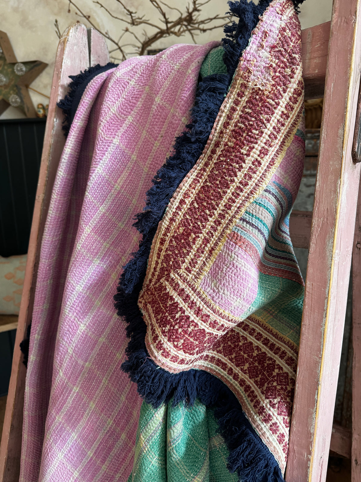Vintage Heavyweight Kantha Throw with Indigo Fringe