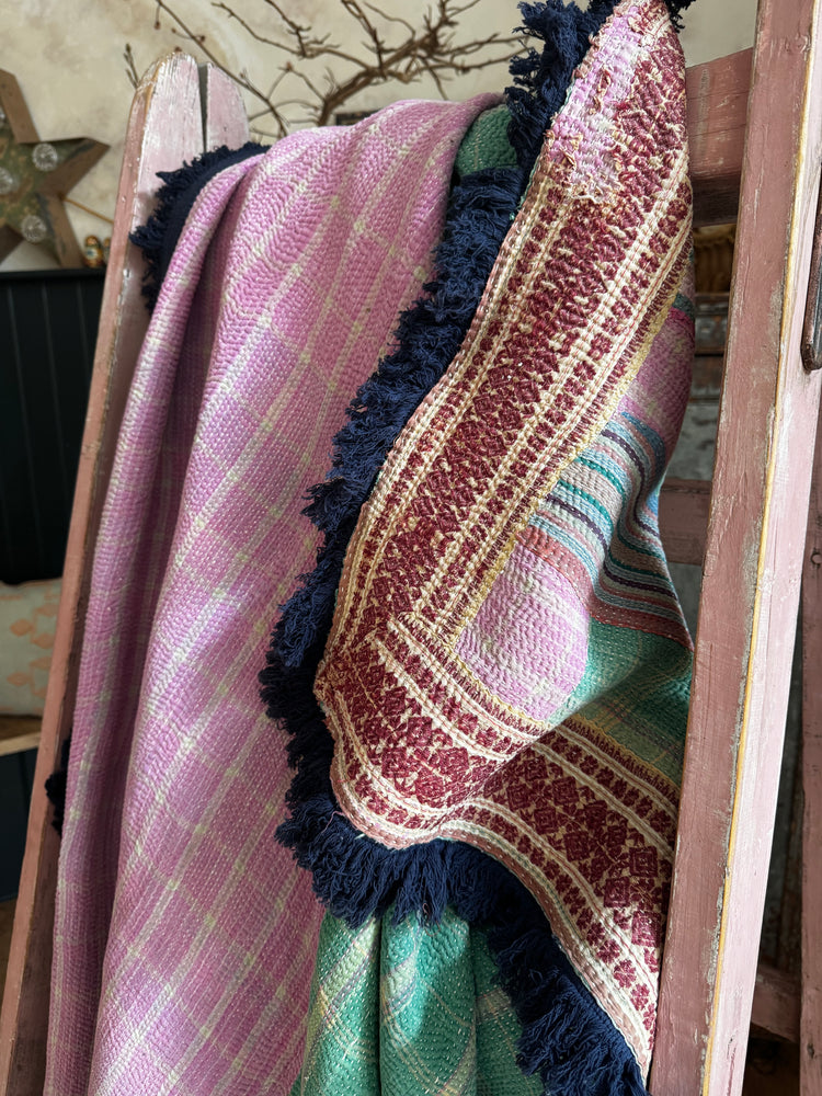 Vintage Heavyweight Kantha Throw with Indigo Fringe