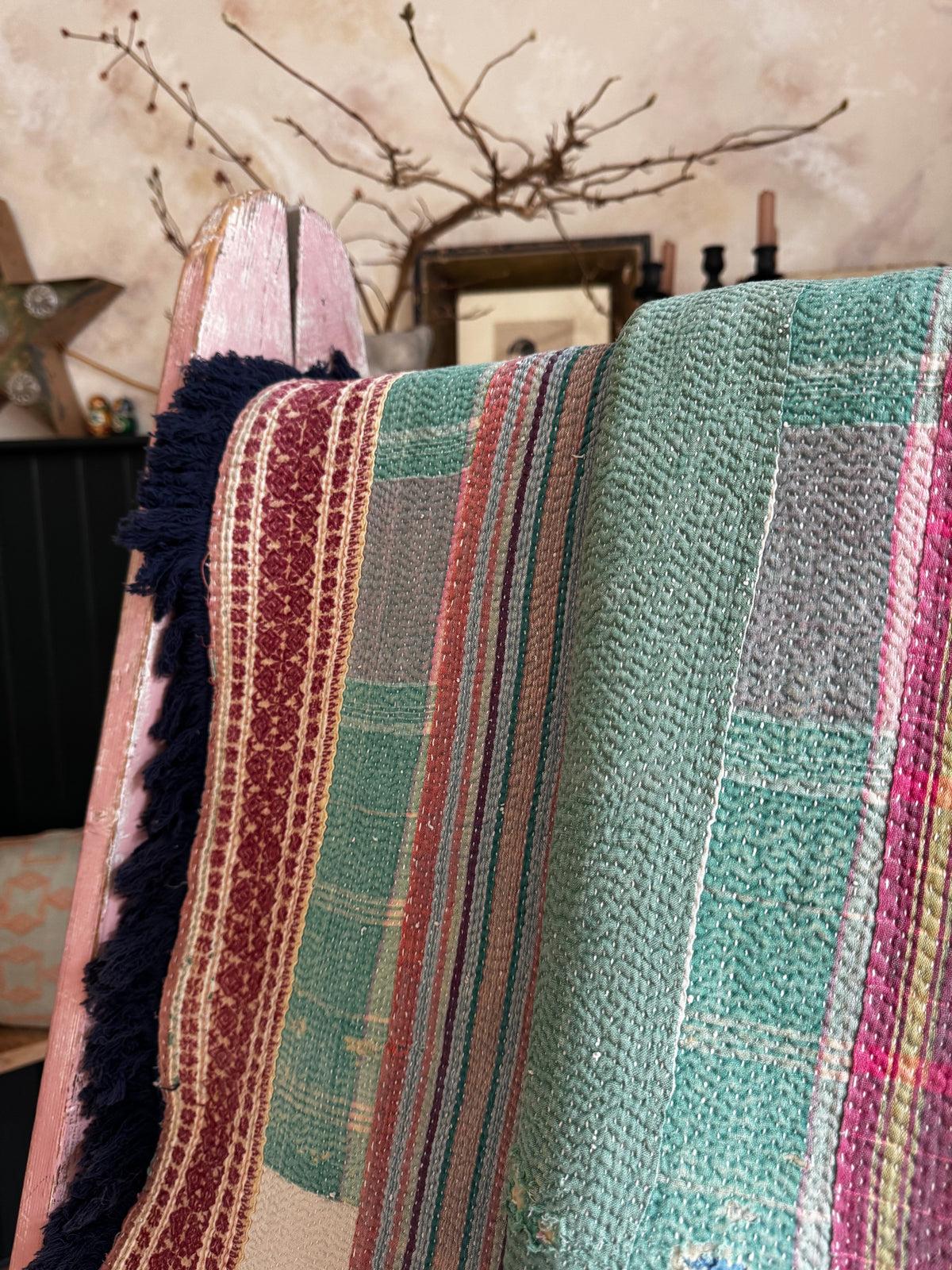Vintage Heavyweight Kantha Throw with Indigo Fringe