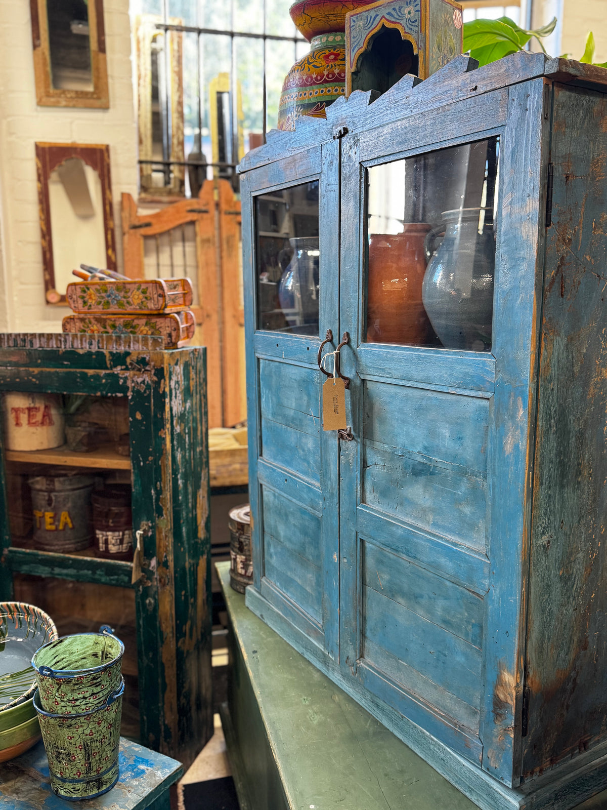 Vintage Indian Painted Blue Glazed Cupboard