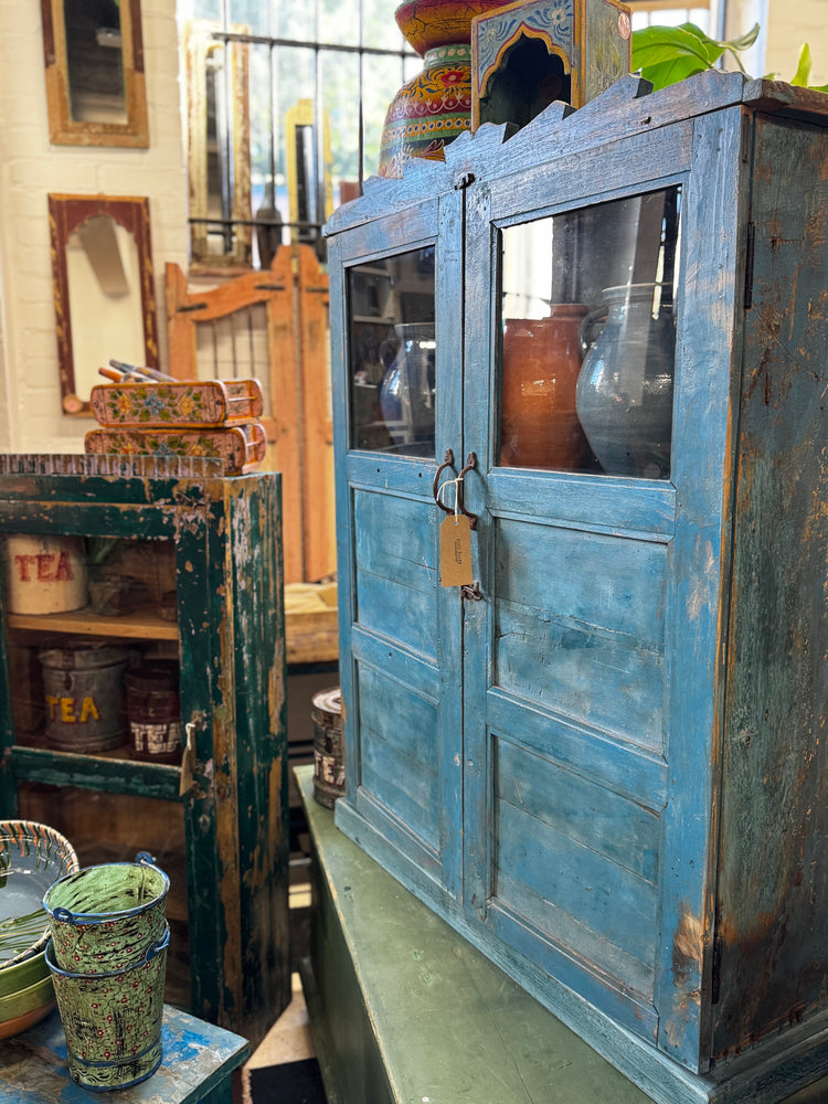 Vintage Indian Painted Blue Glazed Cupboard