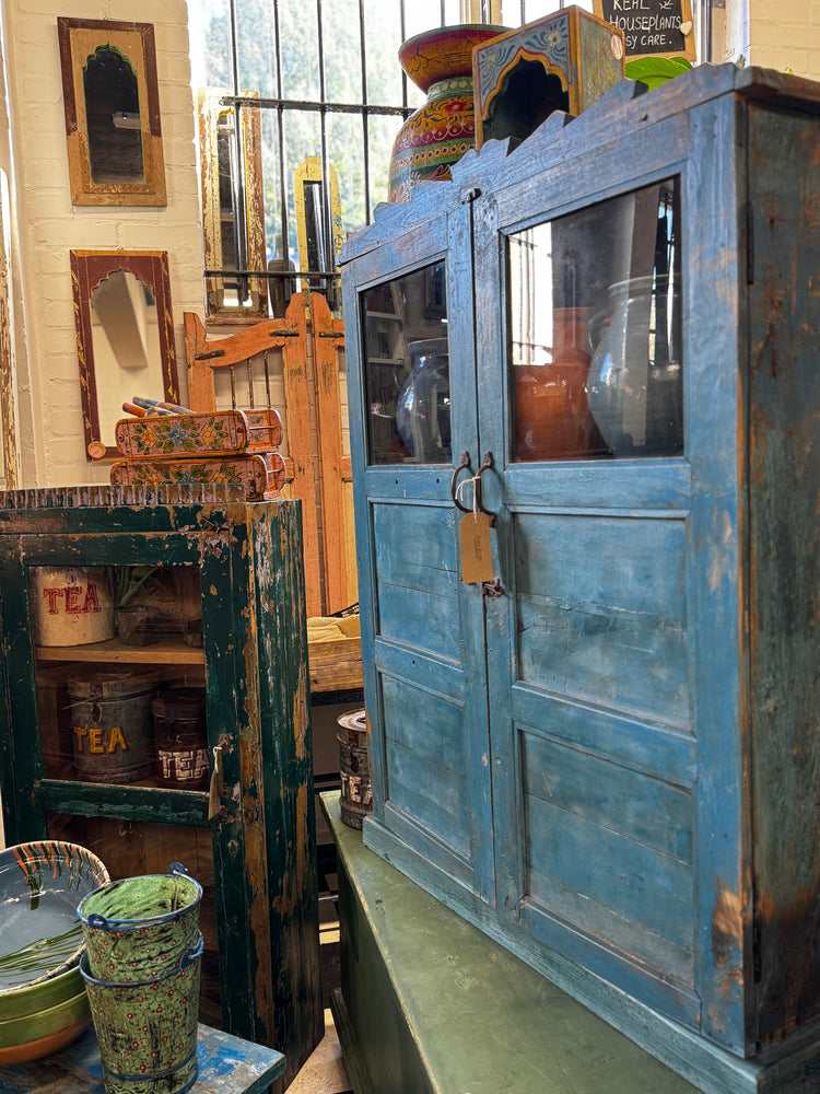 Vintage Indian Painted Blue Glazed Cupboard