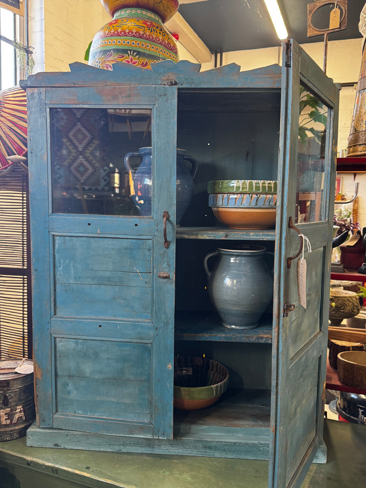 Vintage Indian Painted Blue Glazed Cupboard