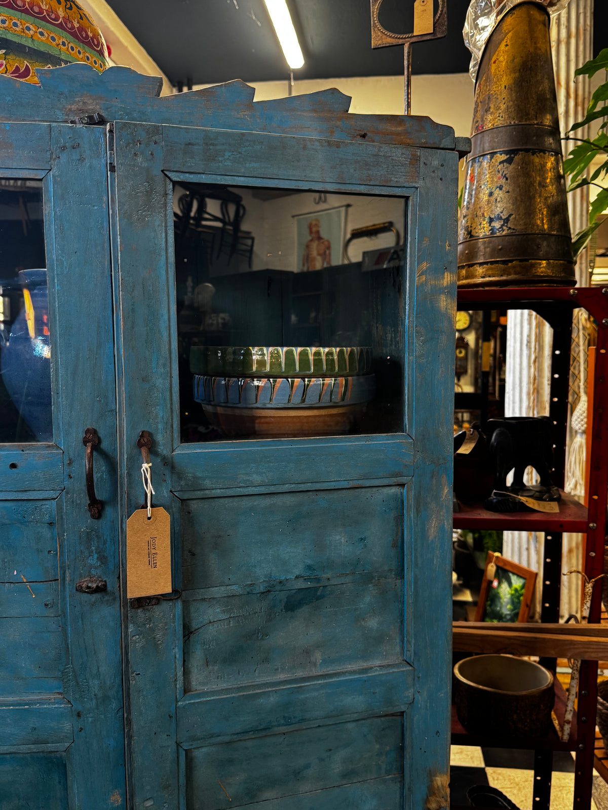 Vintage Indian Painted Blue Glazed Cupboard