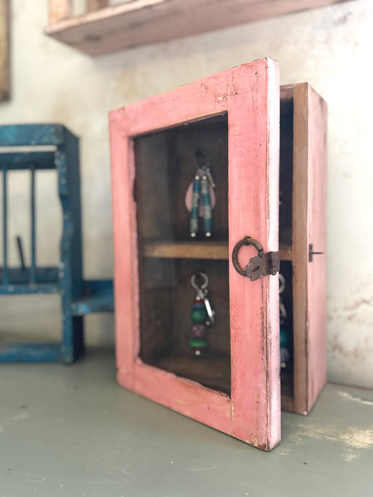 Small Pink Indian Glass-Fronted Key Cupboard