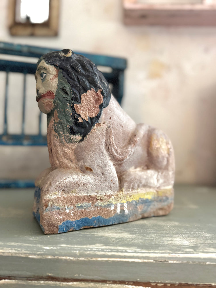 Antique Gujarati Painted Stone Guardian Lion