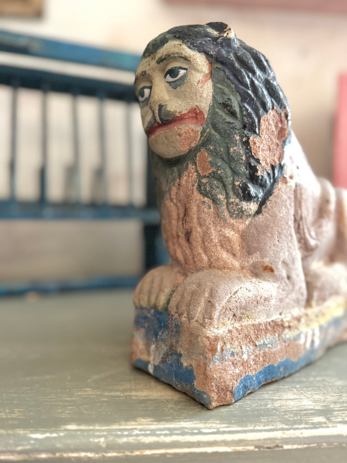 Antique Gujarati Painted Stone Guardian Lion