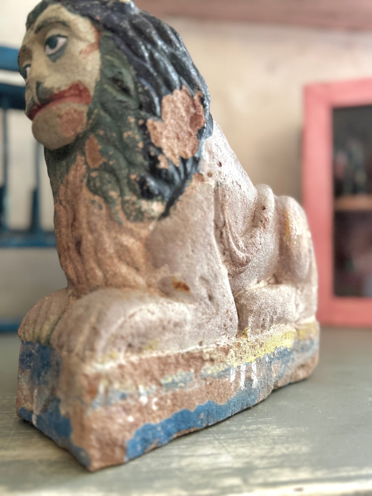 Antique Gujarati Painted Stone Guardian Lion