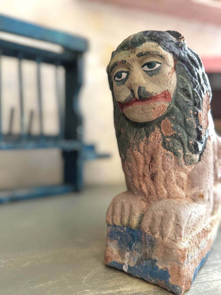 Antique Gujarati Painted Stone Guardian Lion