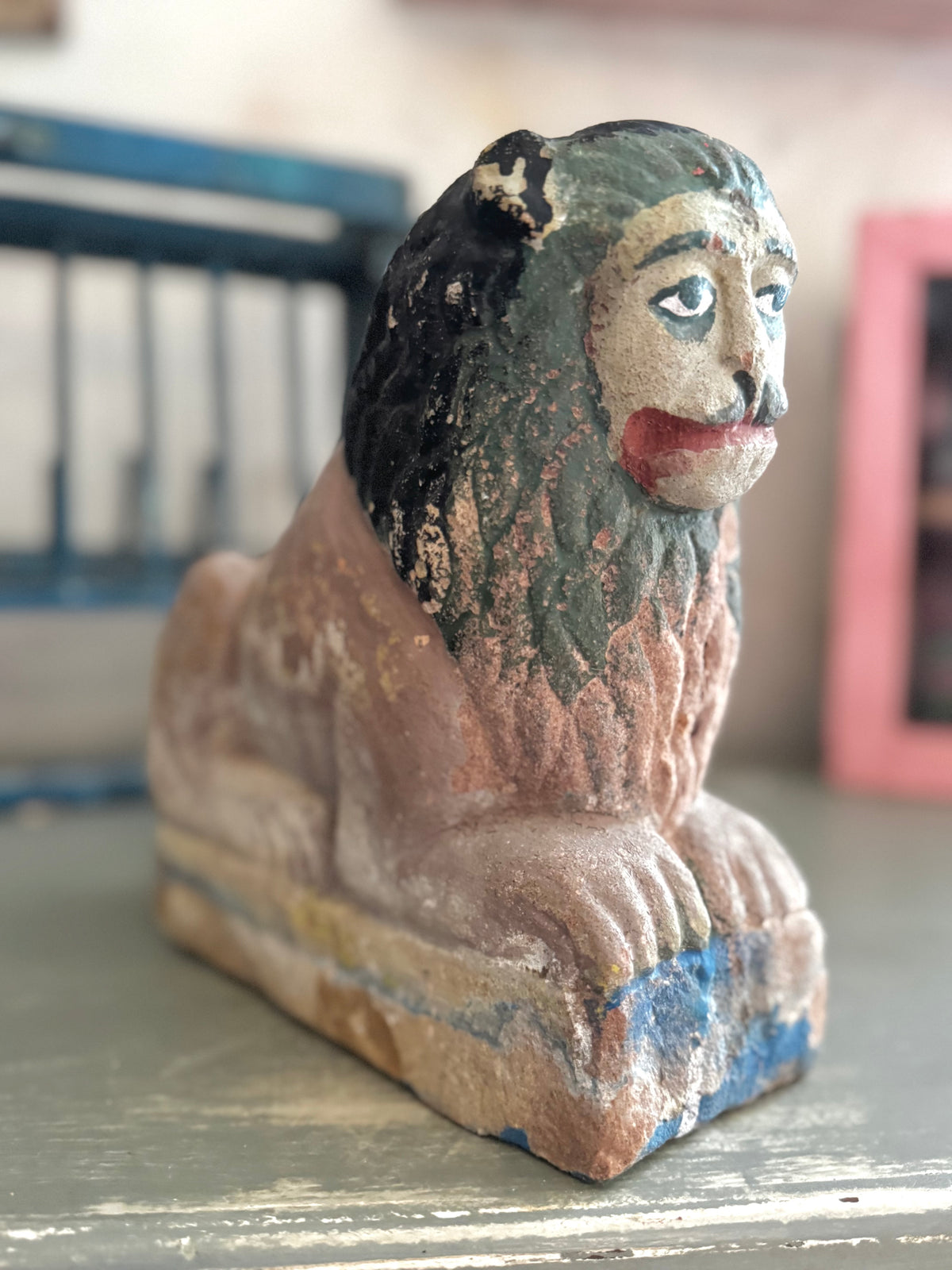 Antique Gujarati Painted Stone Guardian Lion
