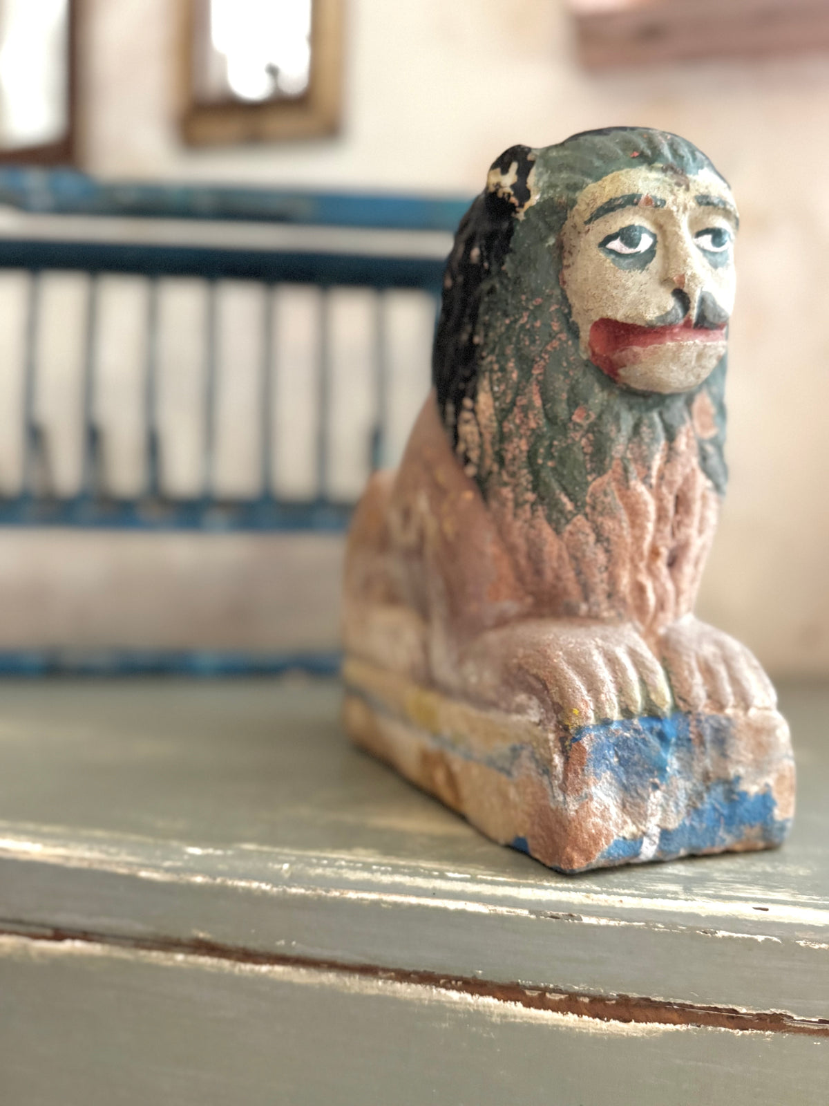 Antique Gujarati Painted Stone Guardian Lion