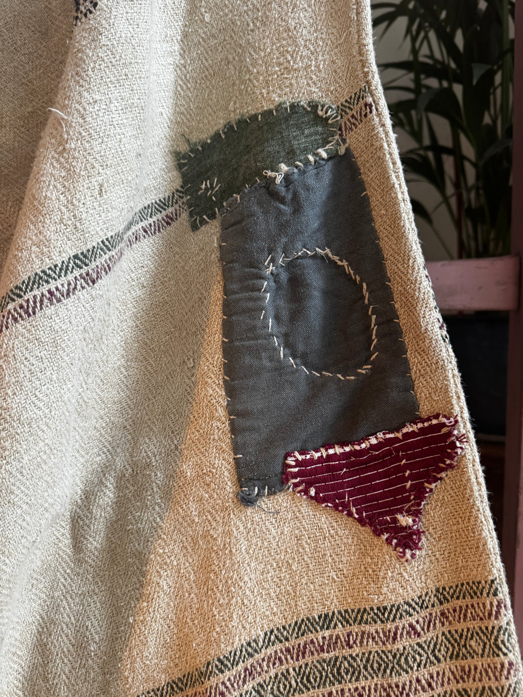 Antique Romanian Grain Sack with Hand-Stitched Repairs