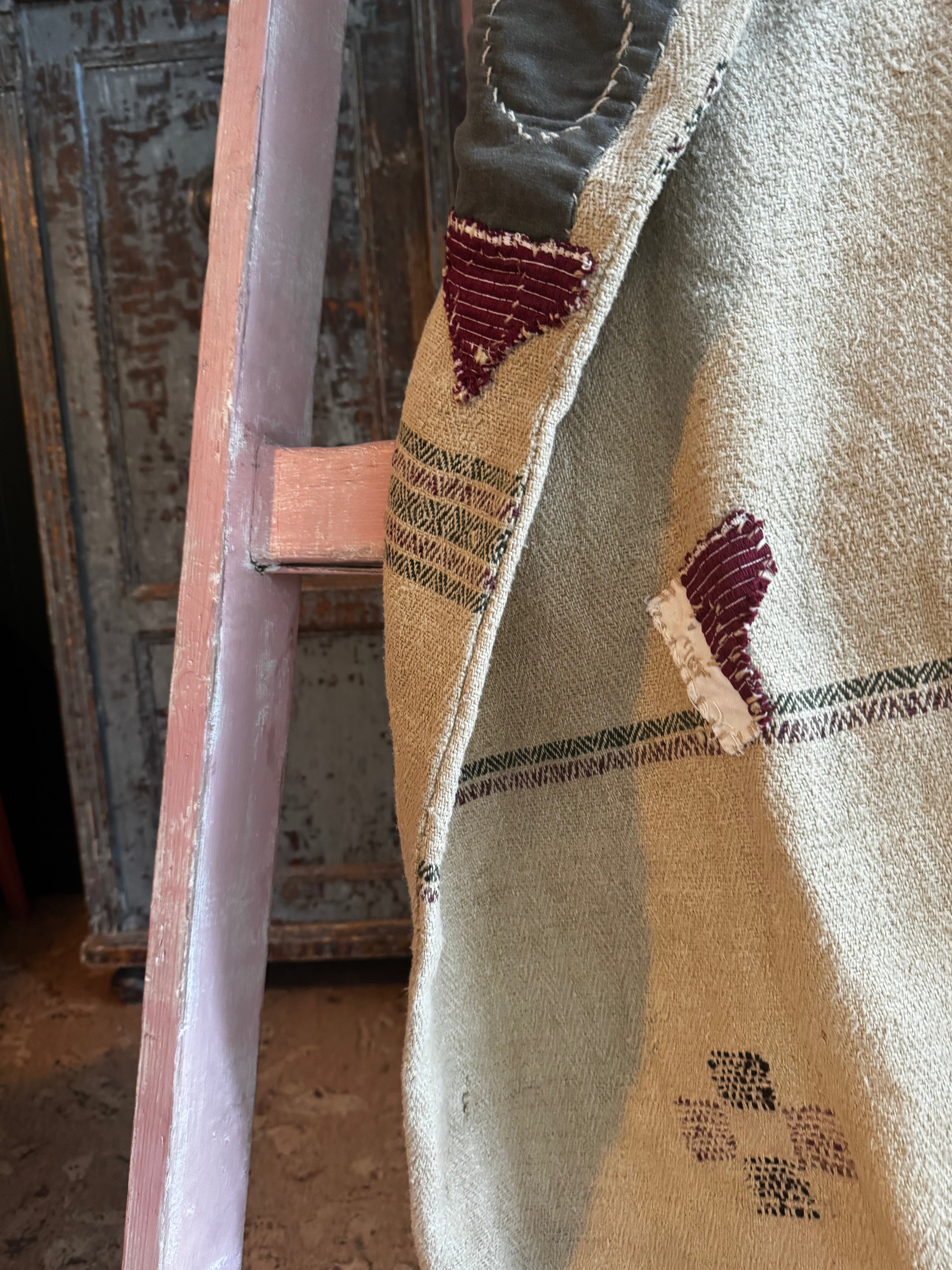 Antique Romanian Grain Sack with Hand-Stitched Repairs