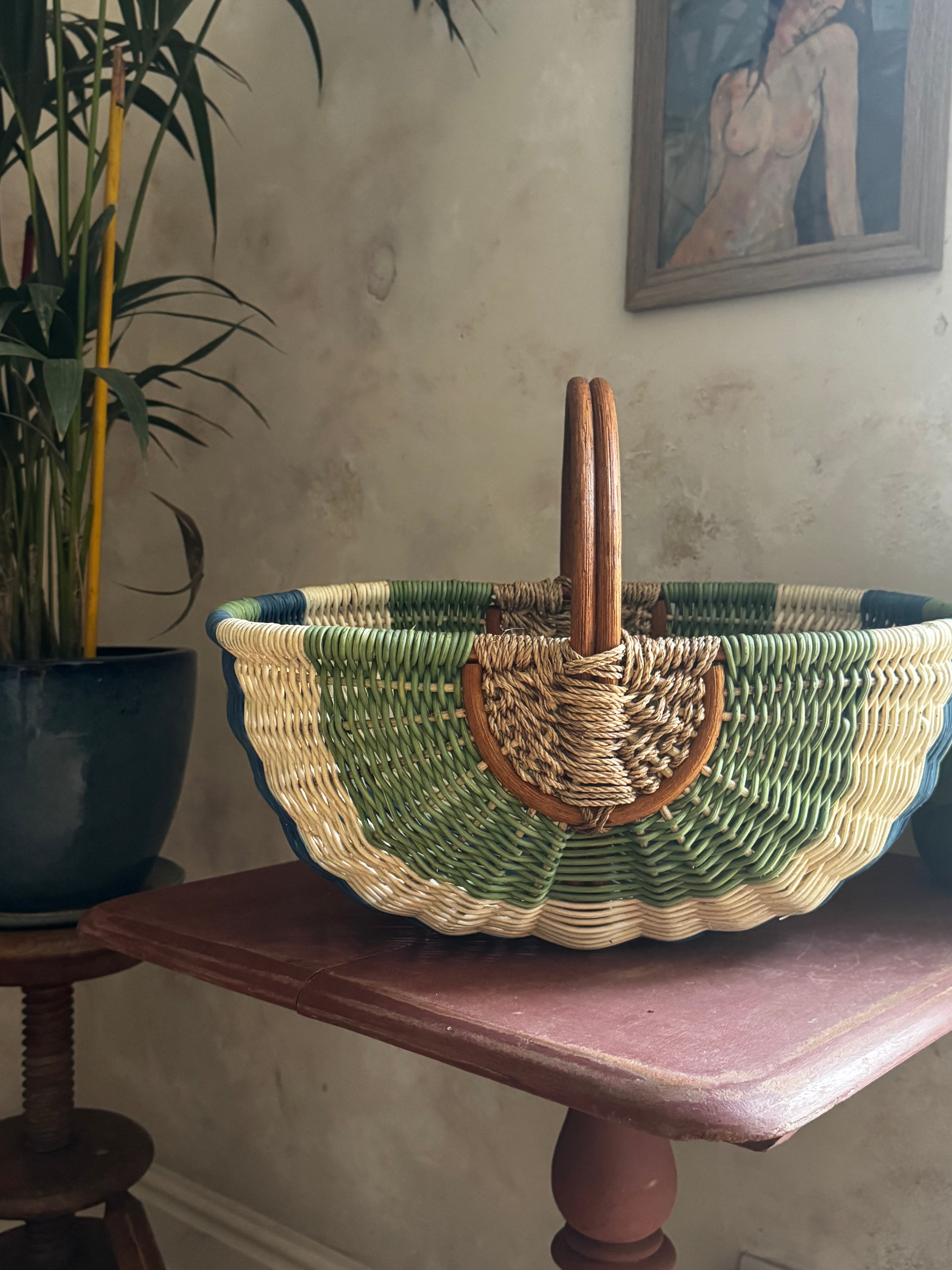 Vintage Sage & Cobalt Woven Basket
