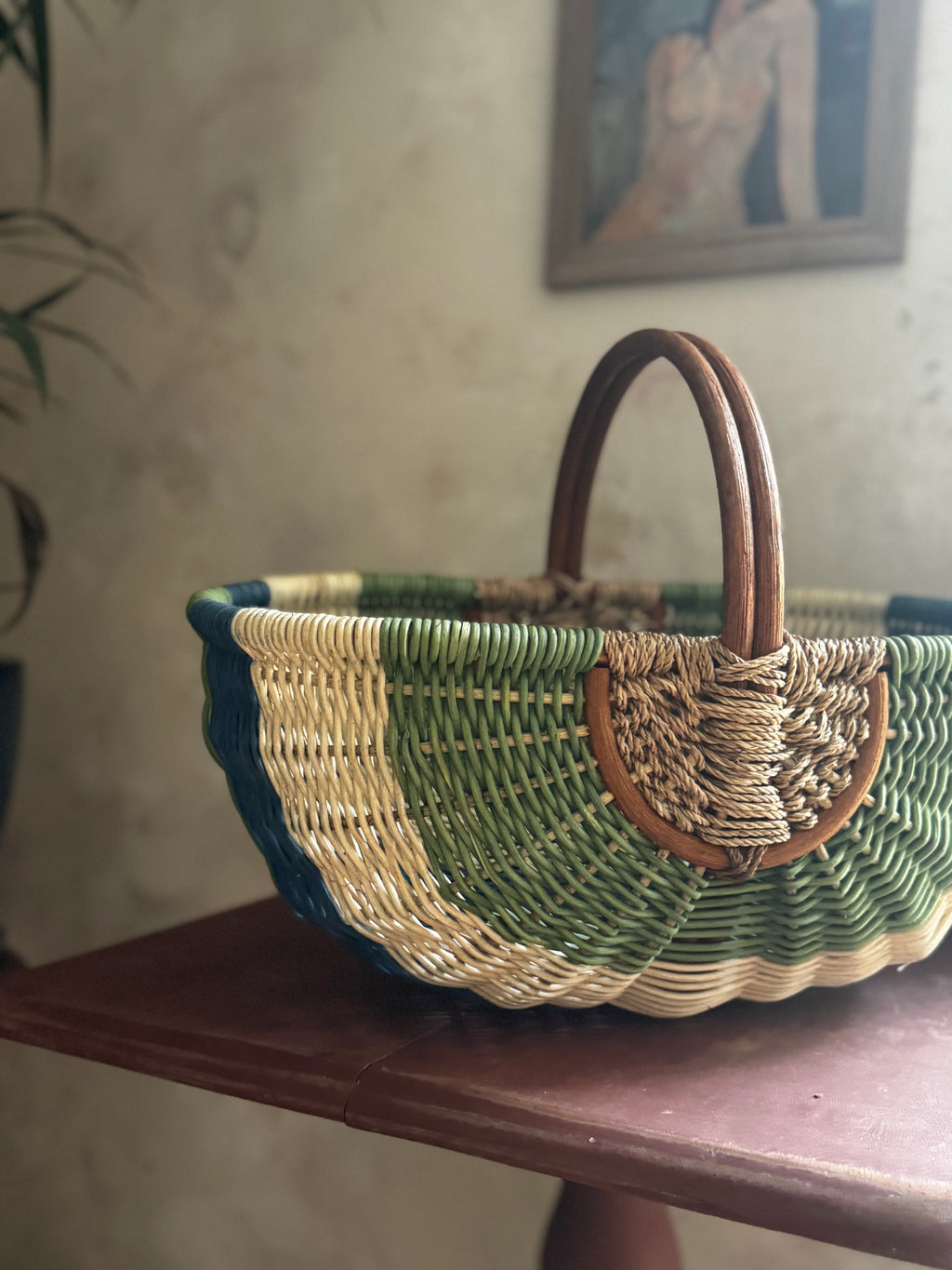 Vintage Sage & Cobalt Woven Basket