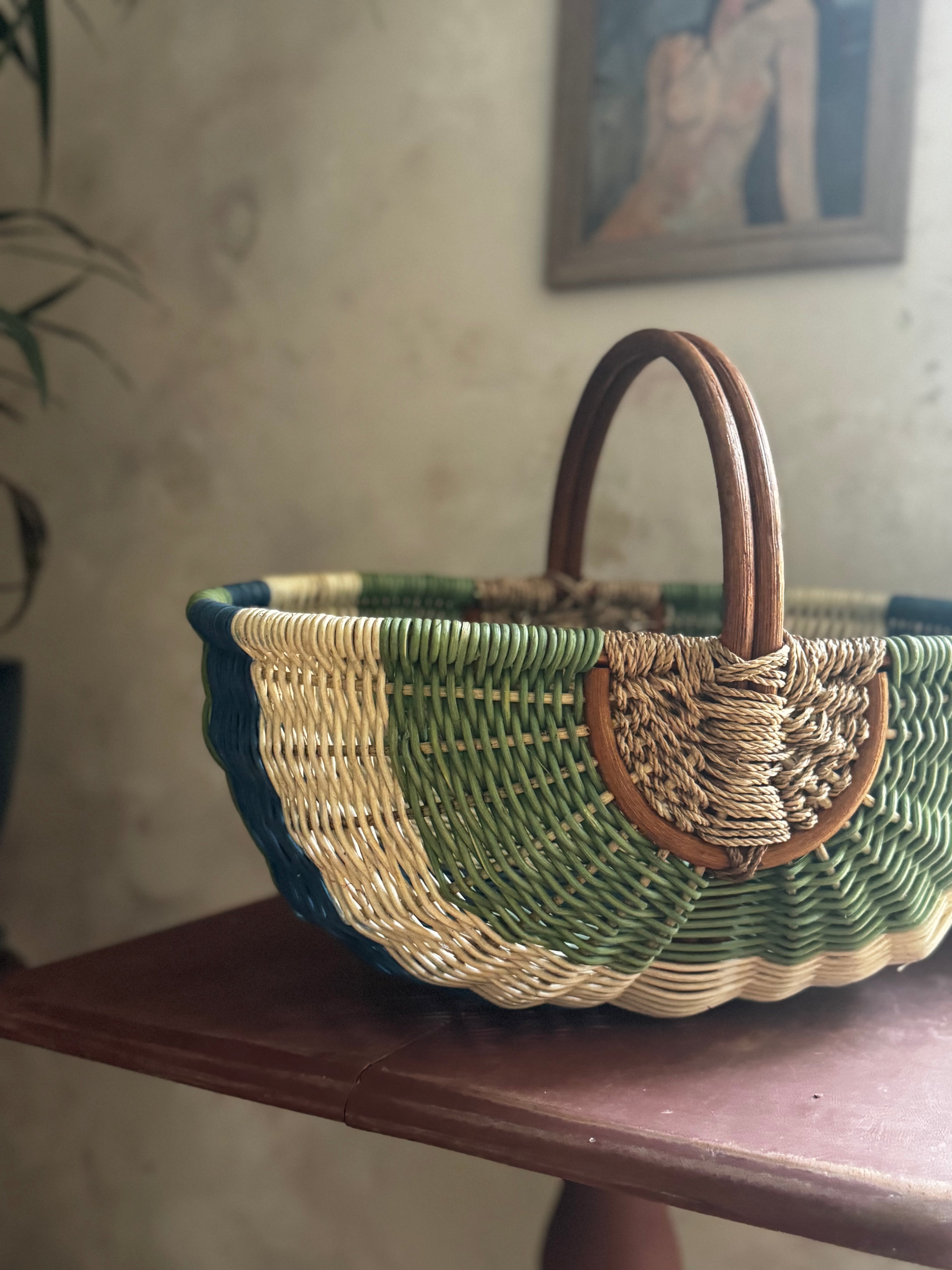 Vintage Sage & Cobalt Woven Basket