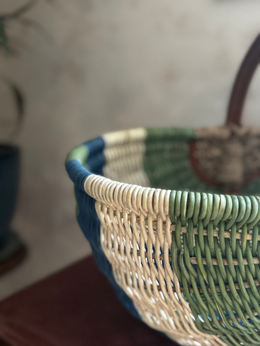 Vintage Sage & Cobalt Woven Basket