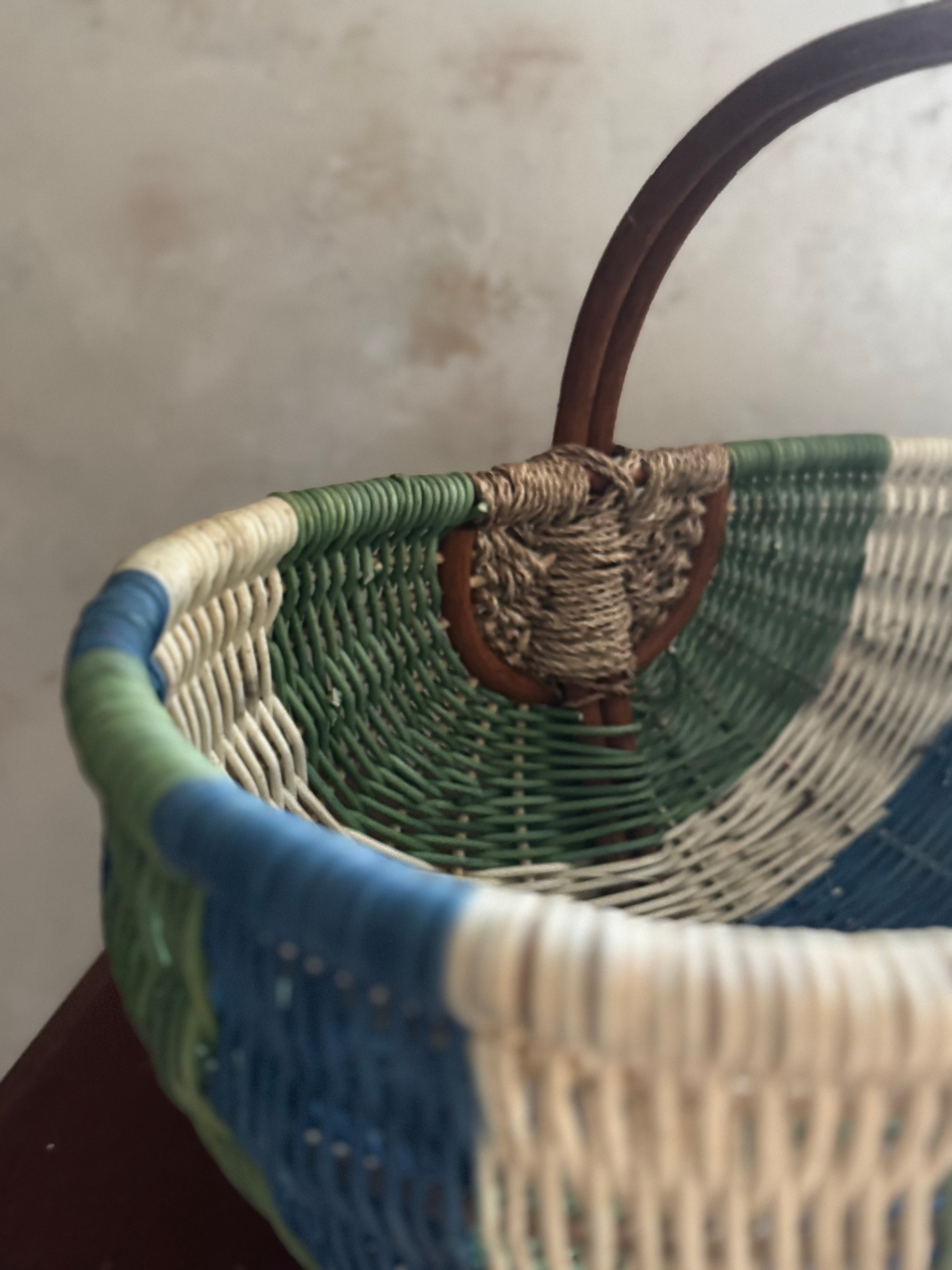Vintage Sage & Cobalt Woven Basket