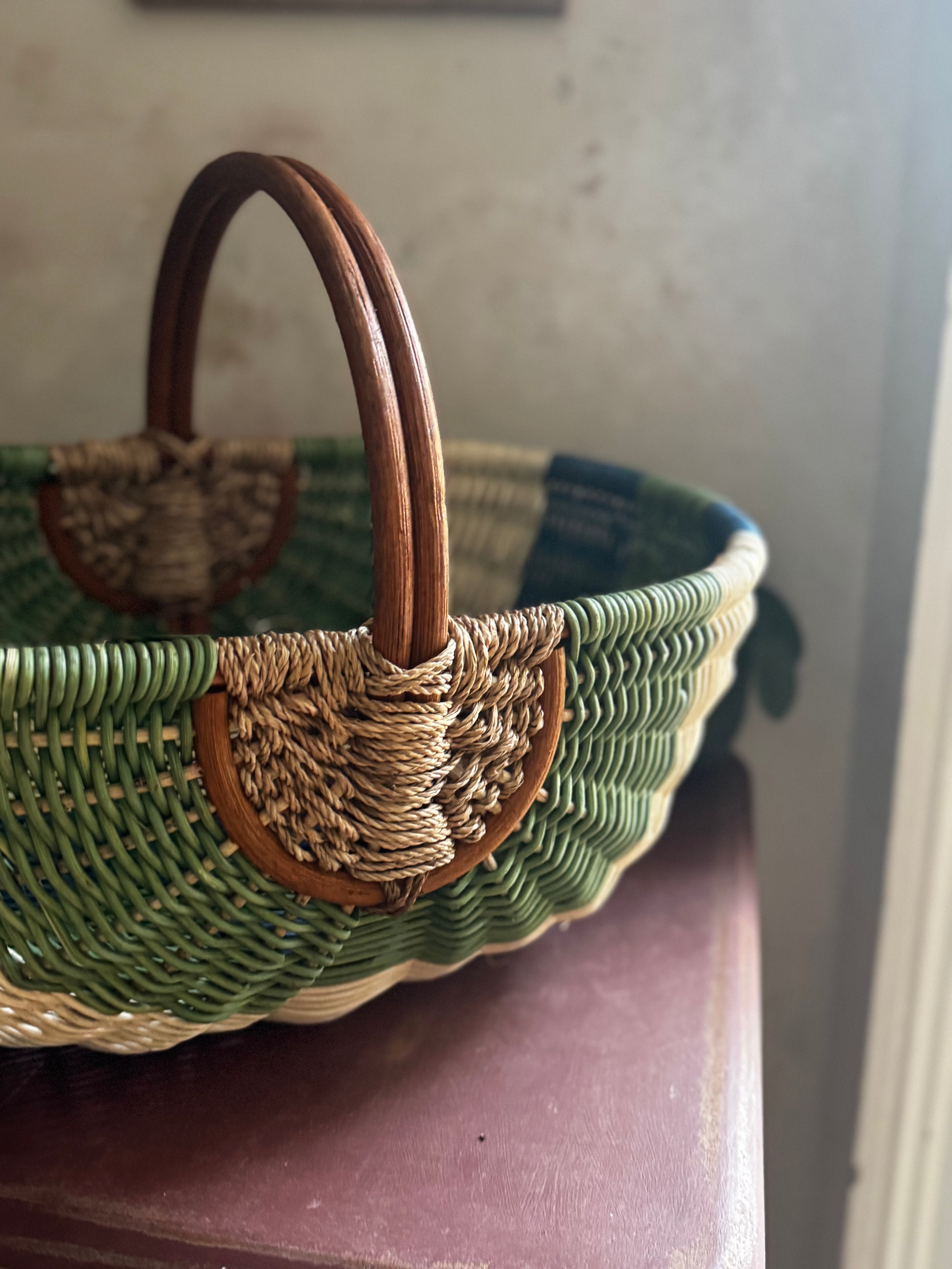 Vintage Sage & Cobalt Woven Basket