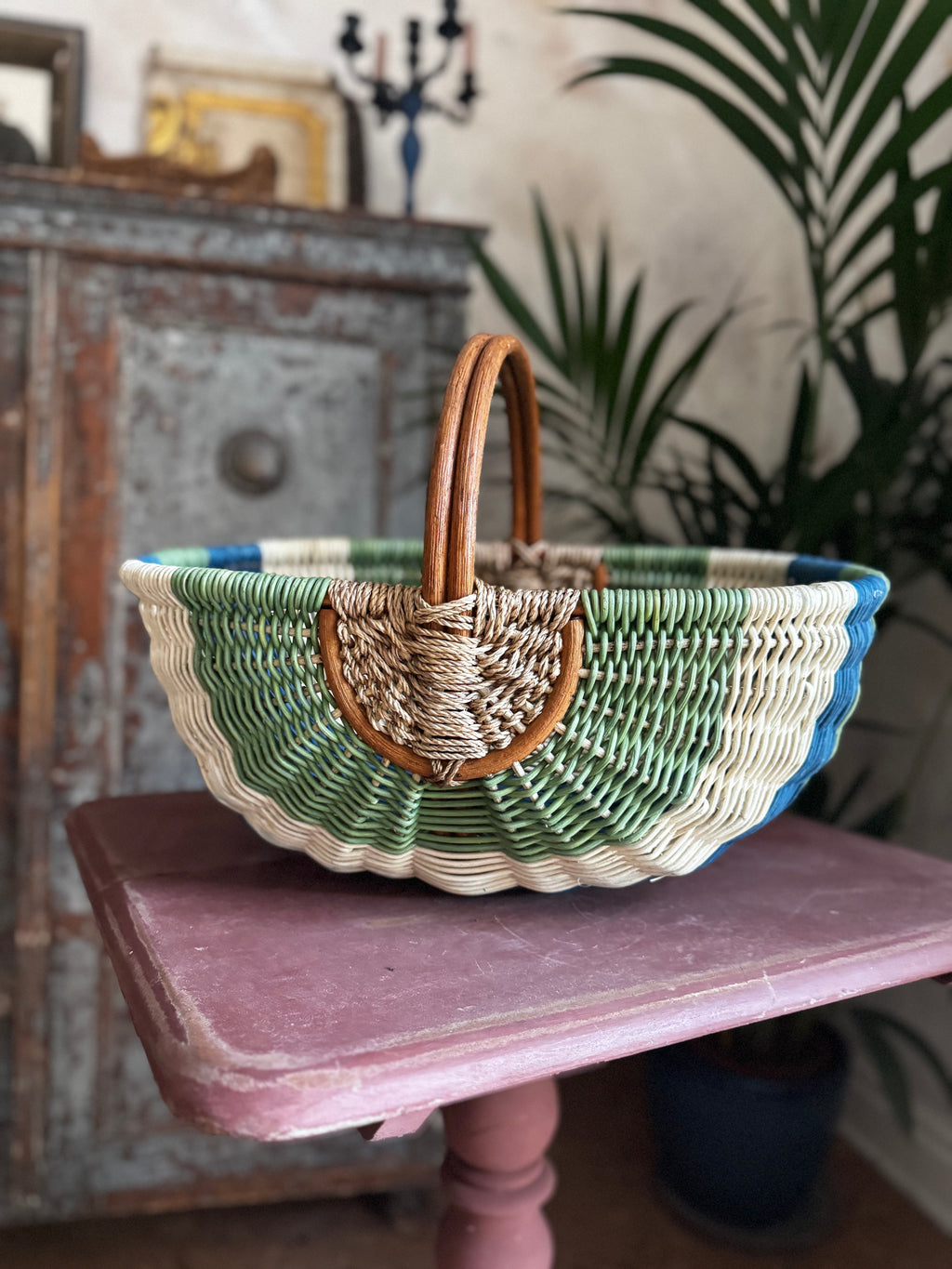 Vintage Sage & Cobalt Woven Basket