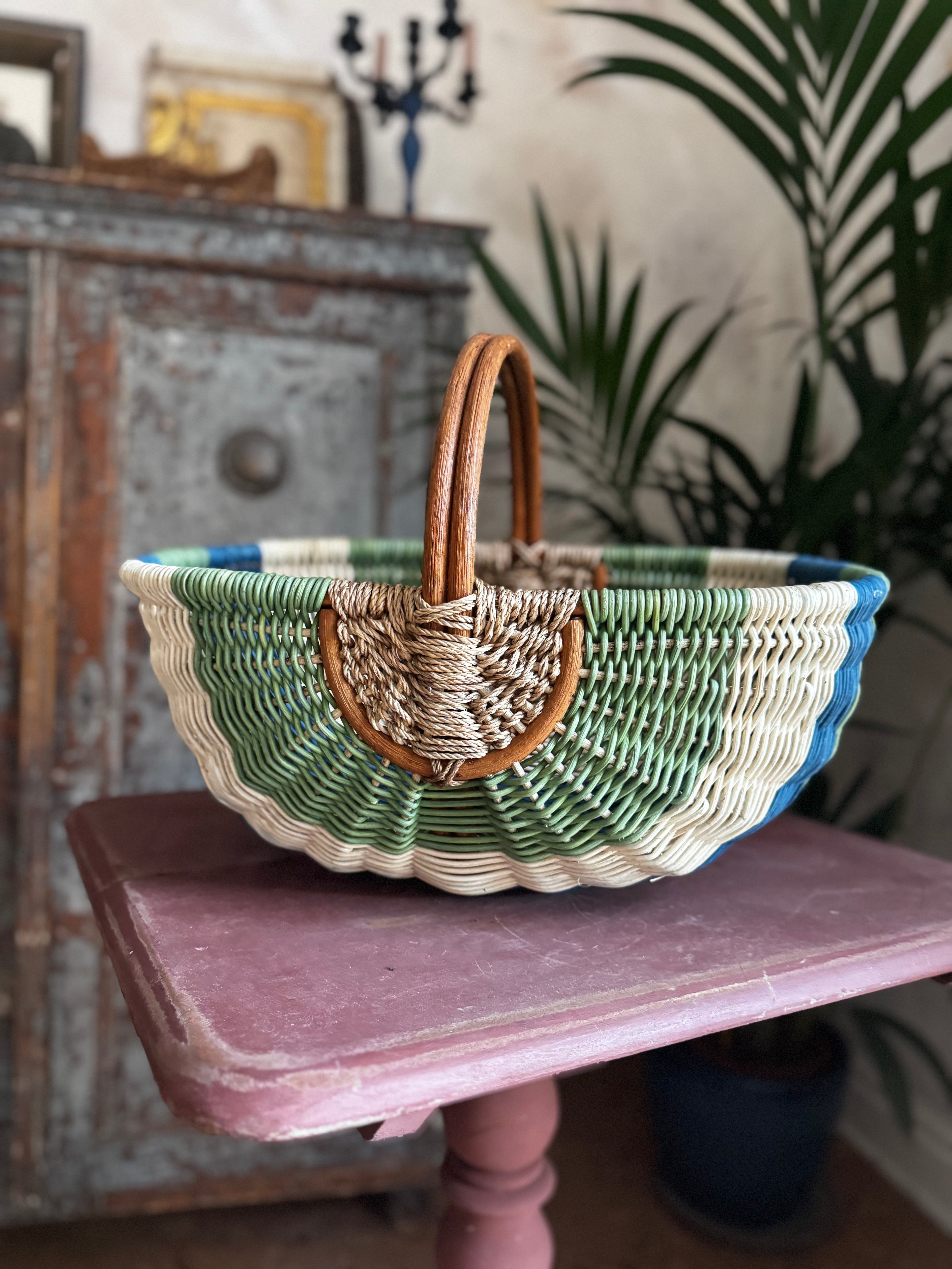 Vintage Sage & Cobalt Woven Basket