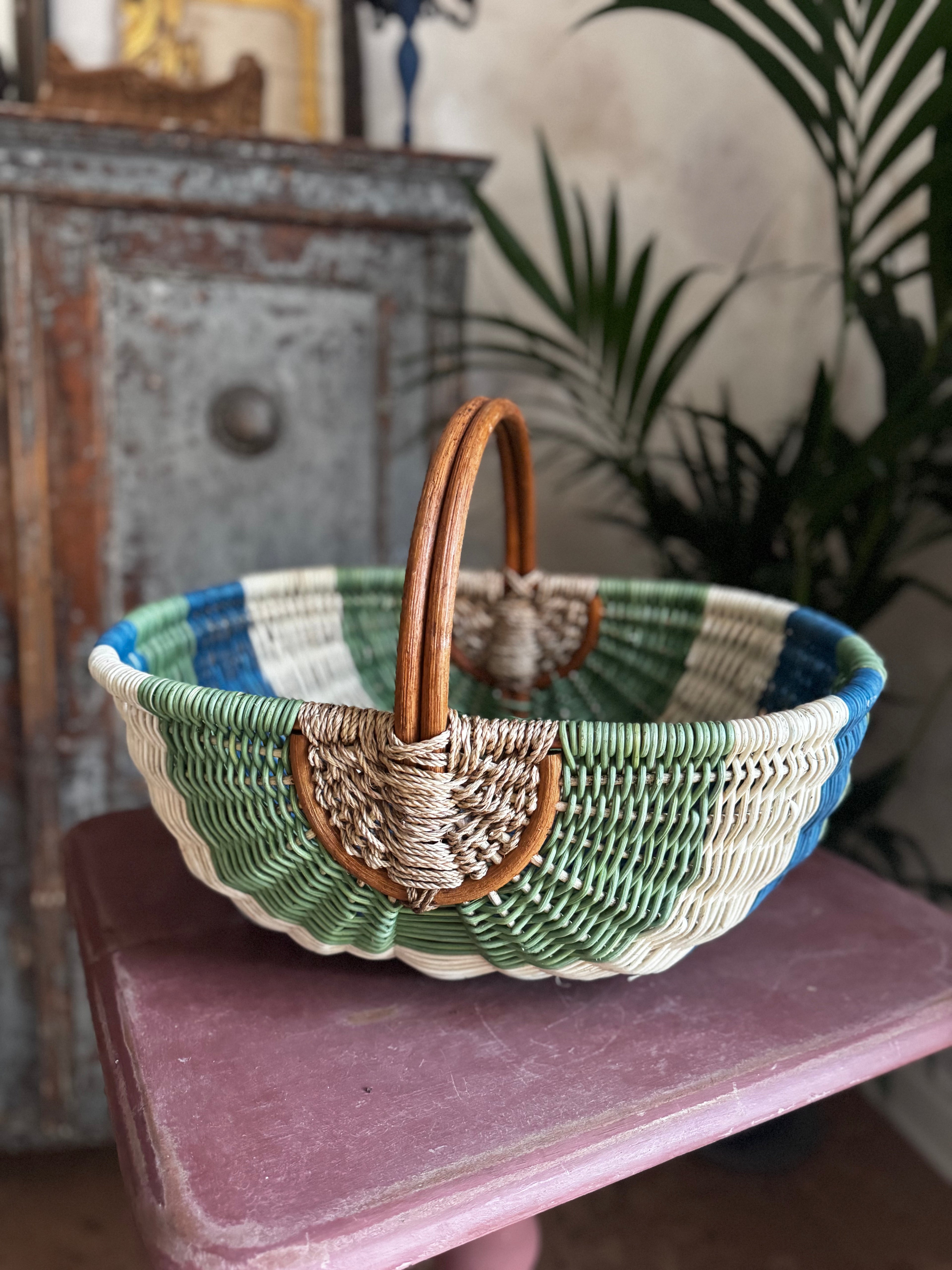 Vintage Sage & Cobalt Woven Basket