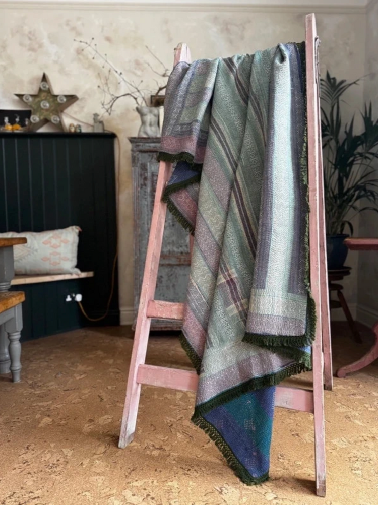 Green Trimmed Vintage Kantha Quilt