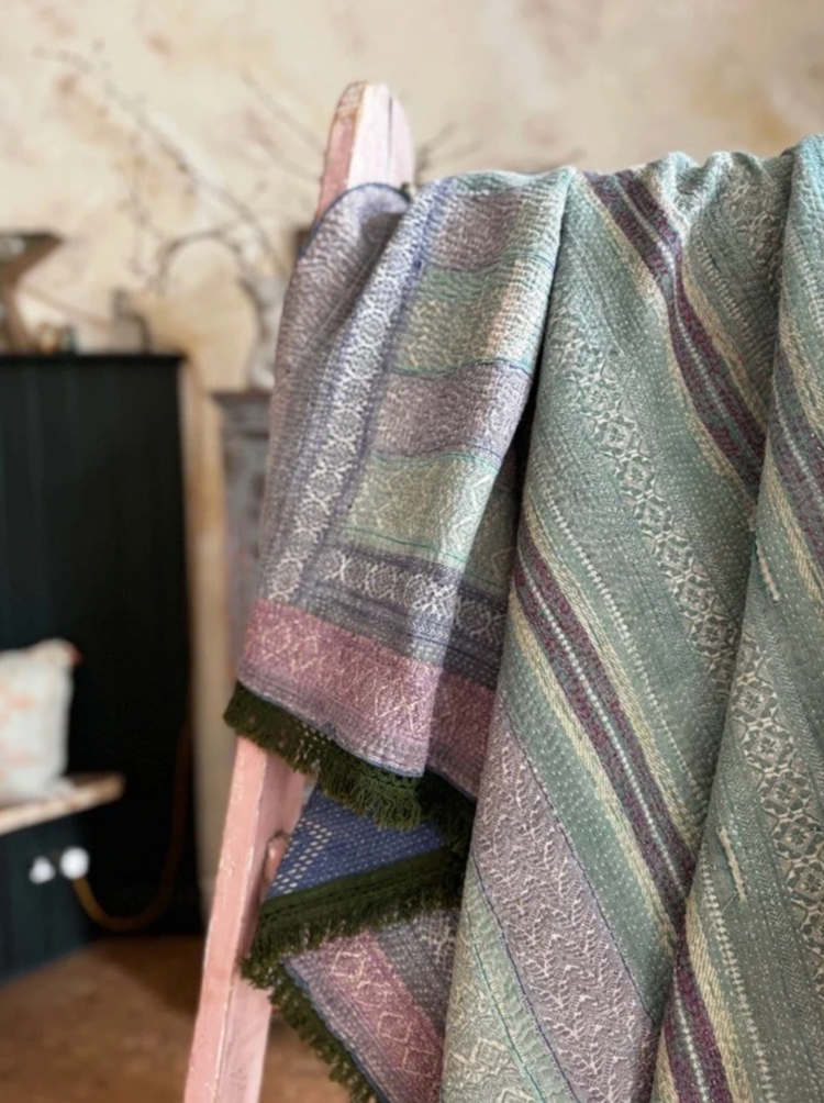 Green Trimmed Vintage Kantha Quilt