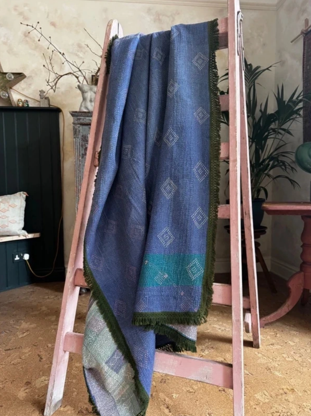 Green Trimmed Vintage Kantha Quilt