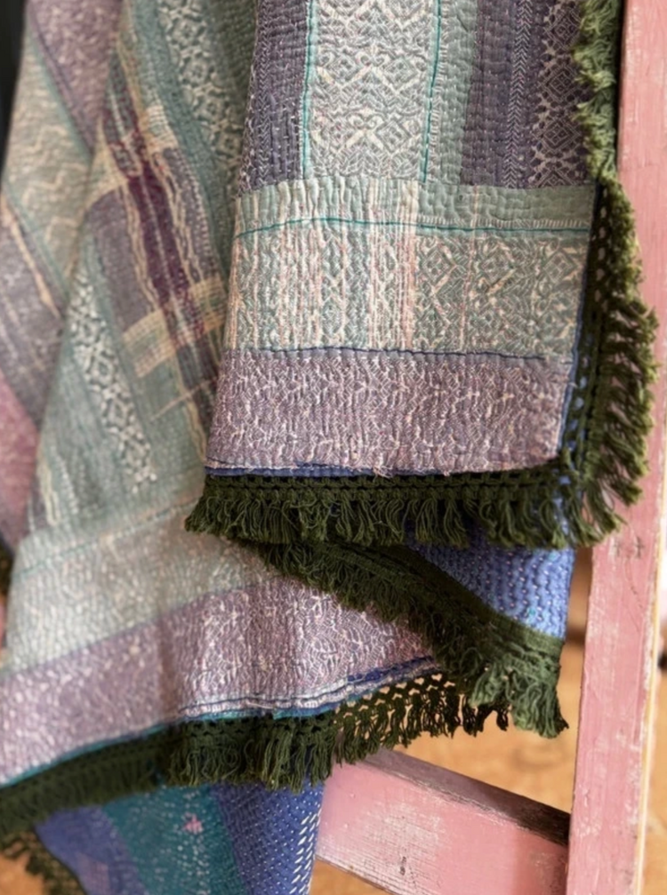 Green Trimmed Vintage Kantha Quilt