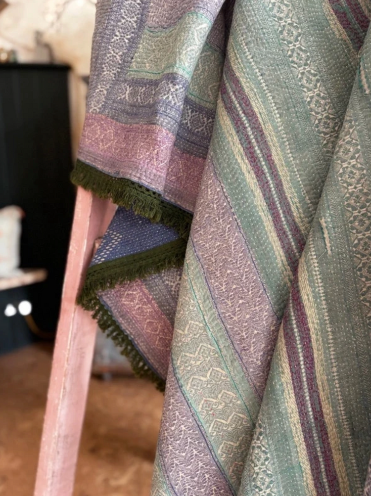Green Trimmed Vintage Kantha Quilt