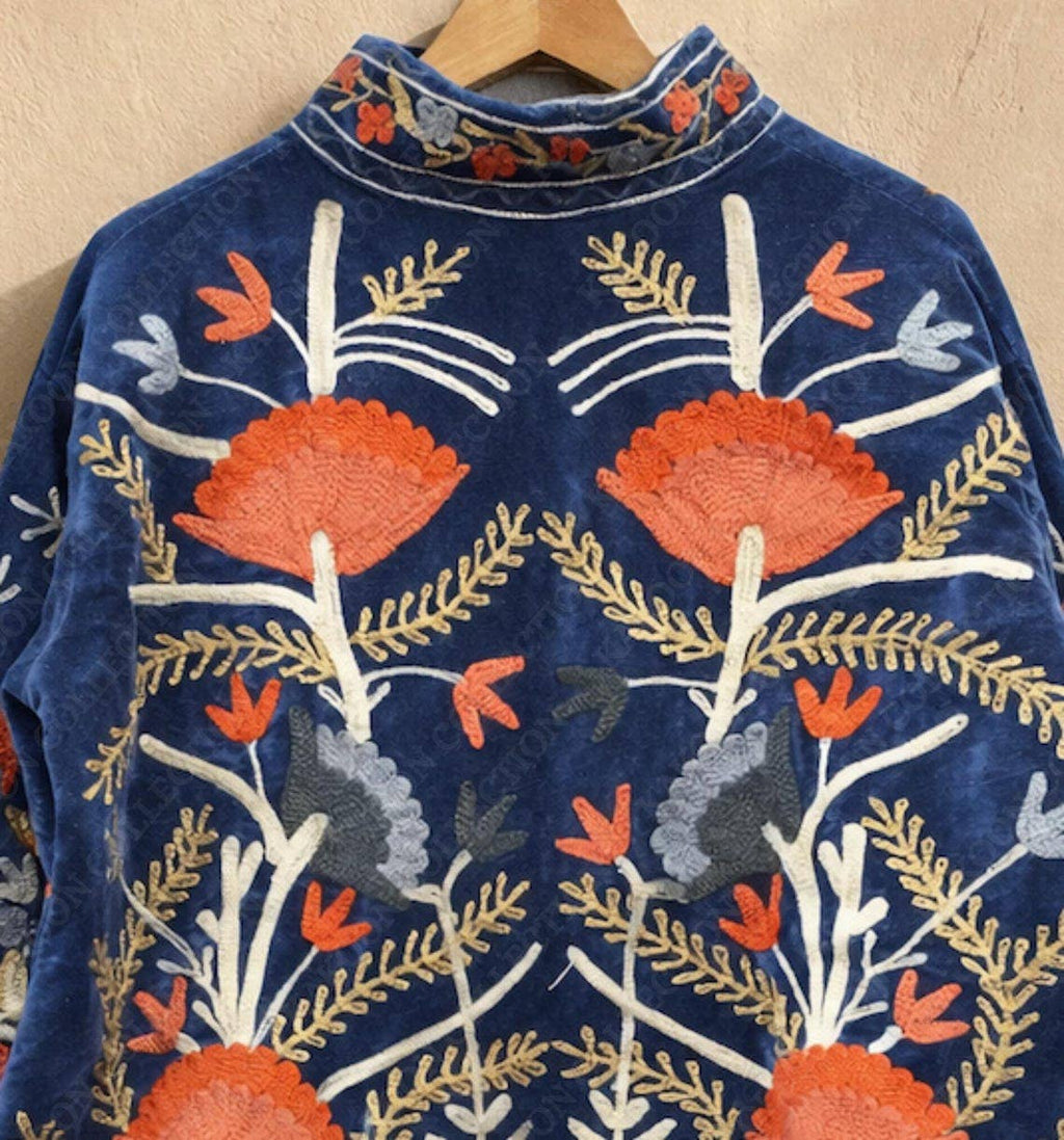 The Ember Bloom Jacket – Indigo & Coral Suzani Velvet
