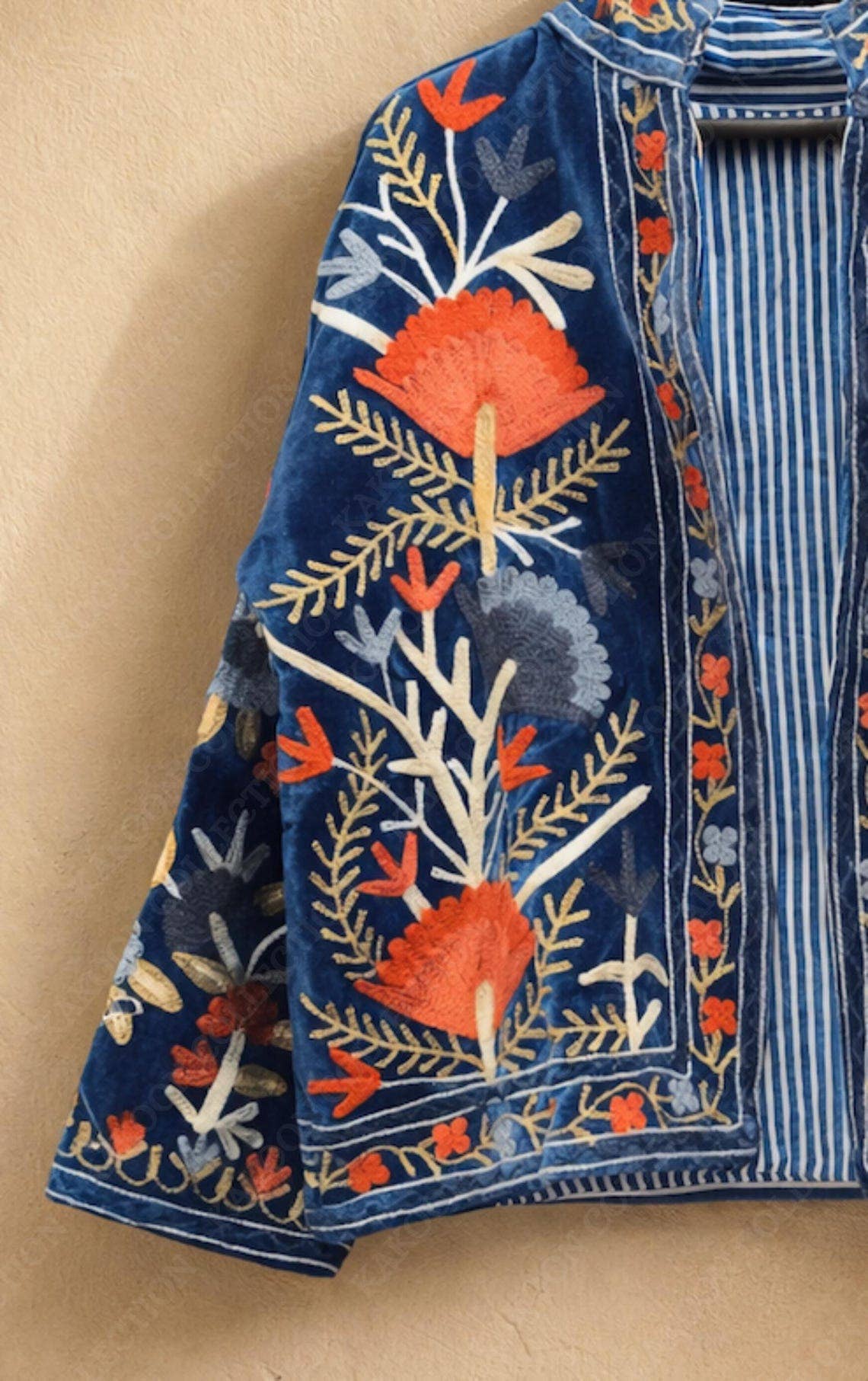 The Ember Bloom Jacket – Indigo & Coral Suzani Velvet