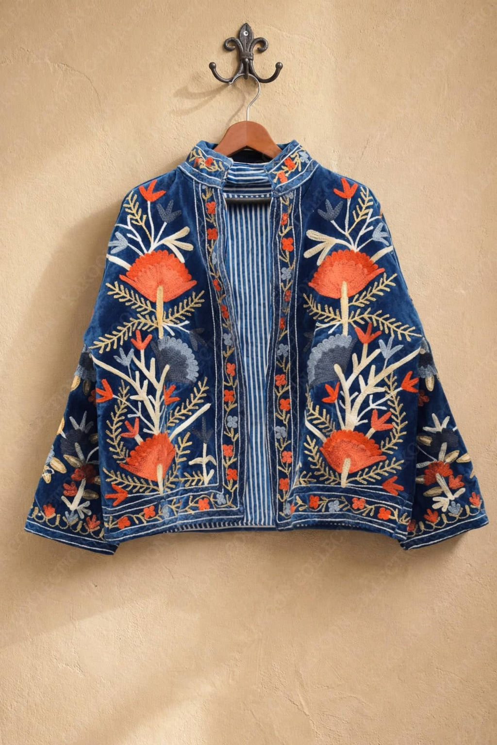 The Ember Bloom Jacket – Indigo & Coral Suzani Velvet